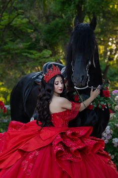 Follow @mercedphotography on IG Red 15 Dresses Quinceanera Long Sleeve, Red Quince Damas Outfits, Charro Quince Photoshoot, Quince Photoshoot With Horse, Quince Pictures With Horses, Quince Red Theme, Red Quince Venue Ideas, Quince Horse Photoshoot, Red Xv Dresses