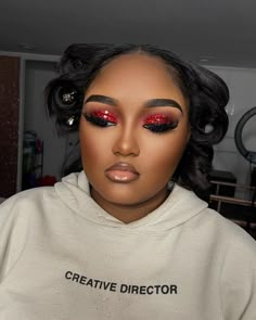 Red Christmas Makeup Look, Red Glam Makeup Looks, Red Makeup Black Women, Red Birthday Makeup, Red And Gold Makeup Looks, Red Eyeshadow Makeup Looks