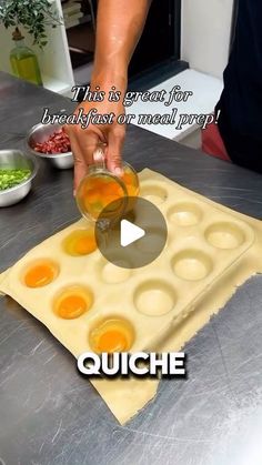 the person is making an egg tart on top of a table with other ingredients