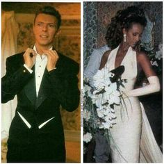 two pictures of the same man and woman in formal wear, one wearing a tuxedo