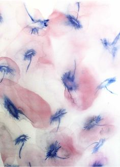 an abstract painting with blue and pink flowers