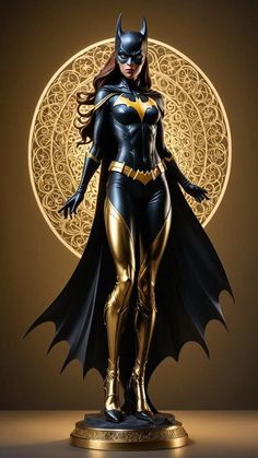 a statue of batgirl standing in front of a gold and black circular background with the word batman on it