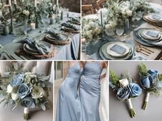 wedding bouquets and table settings with blue flowers