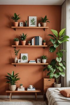 a bedroom with orange walls and shelves filled with houseplants, books, and plants