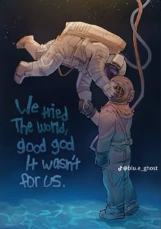 an astronaut is in the air holding onto another person's head with words written on it