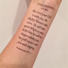 a person with a tattoo on their arm that says, god delights in me