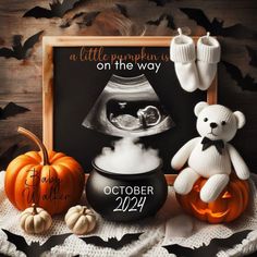 a little pumpkin is on the way with a white teddy bear and black caulder