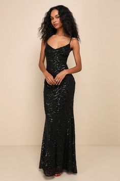 Captivate the crowd with the way you move in the Lulus Mesmerizing Demeanor Black Sequin Backless Mermaid Maxi Dress! Sparkling black sequins create an intricate, wavy design across stretchy mesh knit as it falls from adjustable spaghetti straps into a flattering V-neckline and a fitted bodice. The figure-skimming silhouette continues into a mermaid maxi skirt that features an elegant train at back. The deep V-back creates a sultry final finish! Hidden back zipper/clasp. Mermaid Maxi Skirt, Mermaid Maxi Dress, Prom Dress Inspo, Wavy Design, Prom Inspo, Black Prom Dress, Prom Dress Inspiration, Black Prom, Cute Prom Dresses