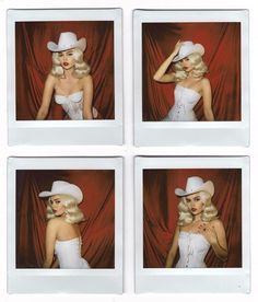 four polaroid photos of a woman in white dress and cowboy hat with red background