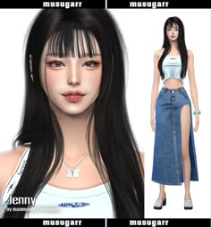 an animated image of a woman with long black hair wearing a white top and denim skirt