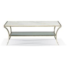 a white marble and metal coffee table with shelves on one side, in the shape of a rectangle