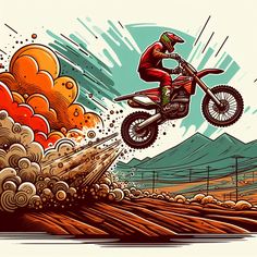 a person on a dirt bike in the air with clouds and mountains behind them,