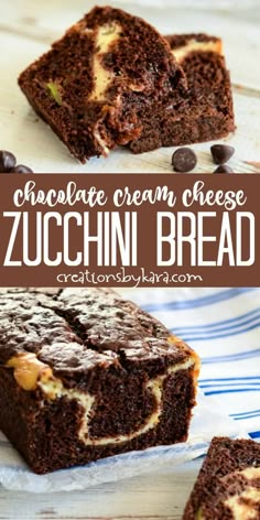 chocolate cream cheese zucchini bread is cut in half and stacked on top of each other