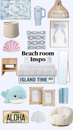 an assortment of beach themed items in blue and white with text that reads, beach room inspo island time ave