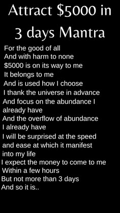 Manifest $5000 in just 3 days by chanting this mantra. Super powerful. ##how to #law of attraction #financial freedom #manifest #loa tips #reprogram subconscious #lottery #debt free #check #mantra #affirmations #spell #money #manifest money fast #tiktok Money Mantras, Money Spells That Work, Spiritual Manifestation, Wealth Affirmations, Manifesting Money, Money Affirmations, Manifestation Affirmations, Spirituality Energy