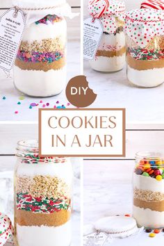 cookies in a jar with sprinkles and candies on the top, next to other jars