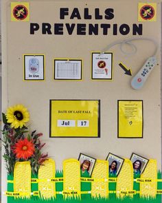 a bulletin board with pictures and flowers on the wall next to it is written fall's prevention