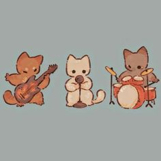 three cartoon animals playing instruments and singing