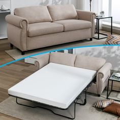 a couch with a table underneath it in the middle of two photos, one is white and the other is beige