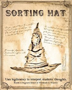 an old poster with a wizard hat on it's head and the words sorting hat