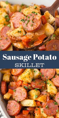 sausage potato skillet in a white bowl with a wooden spoon full of potatoes and kielbasen