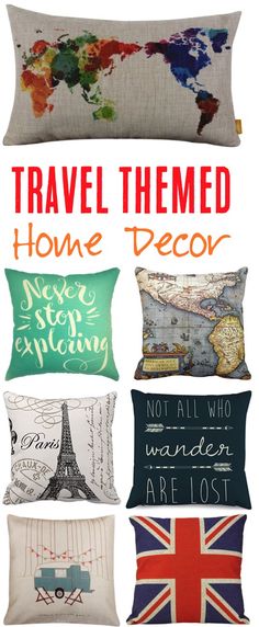 travel themed pillows with the words home decor on them