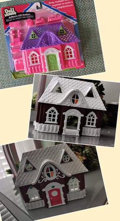 two pictures of a pink and purple doll house with green trimmings on it