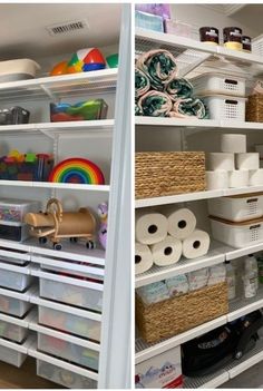 the shelves in this craft room are organized with baskets and toilet paper, scissors, and other items