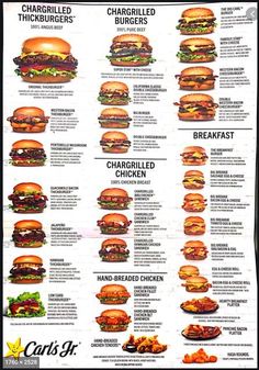 a menu with many different types of burgers on the front and back of it