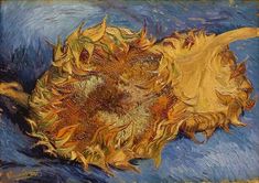 a painting of a sunflower on a blue background