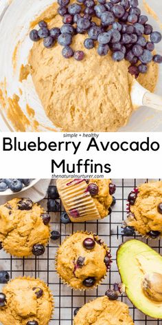 blueberry avocado muffins on a cooling rack