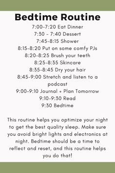 This bedtime routine will help you fall asleep quickly and wake up well-rested. You will have a high quality night of sleep with this routine! Sleep Schedule For Adults, Quick Sleep Tips, Help Me Sleep Ideas, Quality Sleep, Help Sleep, Sleeping Routine, School Bedtime Routine, Evening Checklist, Routine Chart For Adults