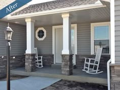 two rocking chairs sitting on the front porch of a house with white pillars and gray siding