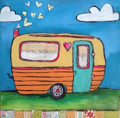 a painting of a yellow camper trailer with butterflies flying around it and the door is open