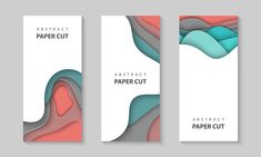 three abstract paper cut banners with different shapes and colors on white, pink, blue and grey background