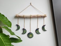 three green moon phases hanging on a wall next to a potted plant and wooden stick