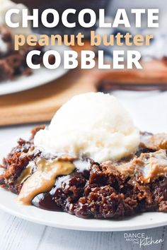 chocolate peanut butter cobbler on a plate with ice cream