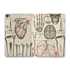 an ipad case with various medical items on the front and back cover, including hands, bones