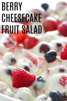 berry cheesecake fruit salad in a white bowl