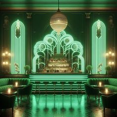 the interior of a bar with green lighting