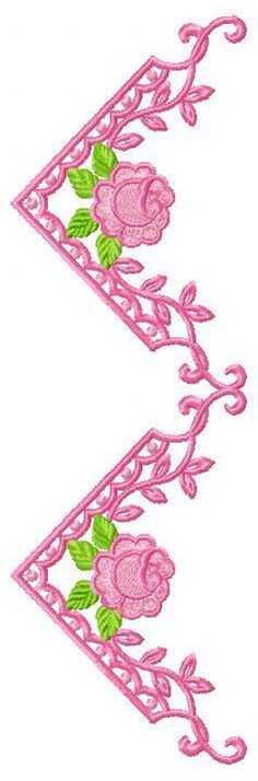 two pink roses are on the corner of this appliqued design with green leaves