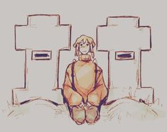 a drawing of a person sitting on a bed in front of some boxes and crosses