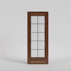 an open wooden door with glass panels on the top and bottom side, against a gray background