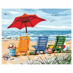 a painting of beach chairs and an umbrella on the sand at the ocean's edge