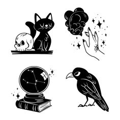 four black and white illustrations of cats, skulls, and books with stars on them