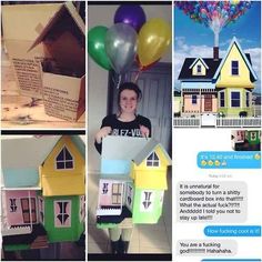 a collage of photos with houses, balloons and texting on the bottom right