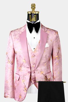 Pink Tux, Floral Tuxedo, Tuxedo Prom, Tuxedo Colors, Prom Tuxedo, Gentlemen Wear, Black Velvet Bow