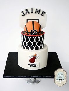 a three tiered cake with a basketball on top and the name jame written on it