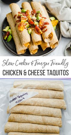 chicken and cheese taquitos on a plate with the text slow cooker & freeze friendly