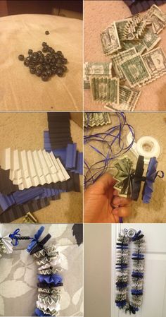 four pictures showing the process of making necklaces out of dollar bills and duct tape